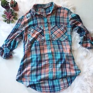 Express Plaid Peach & Blue Flannel Button Down
